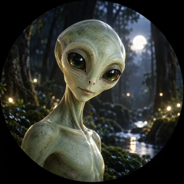 A pale green alien with large eyes in a dark forest, softly lit circular portrait.