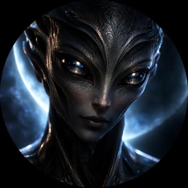 A shadowy sleek alien face with reflective eyes, dark cinematic circular portrait.