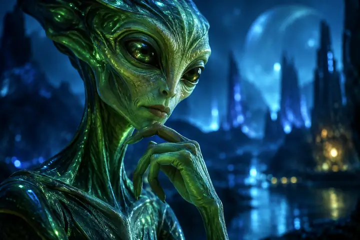 A luminous green alien portrait against a shadowy blue background, strange but thoughtful.