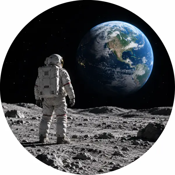 An astronaut standing alone on a gray moon surface beneath a black sky, circular frame.