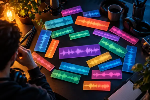 Colorful audio strips scattered across a dark editing desk, abstract circular composition.