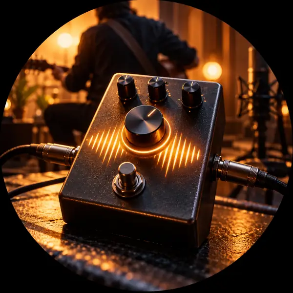 A close-up guitar effects pedal with warm amber highlights, circular product framing.