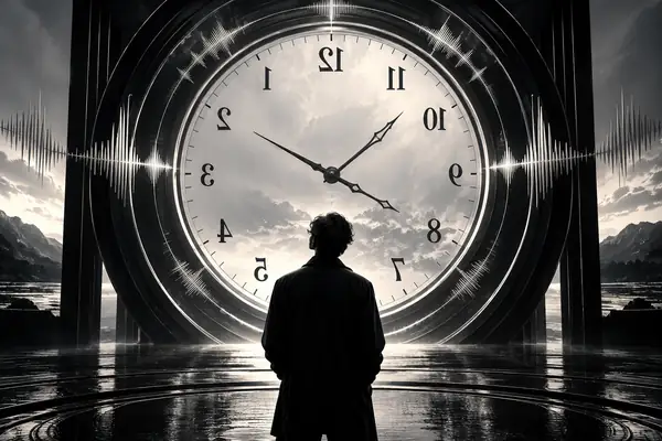 A monochrome clock face with reversed numerals, graphic circular composition.