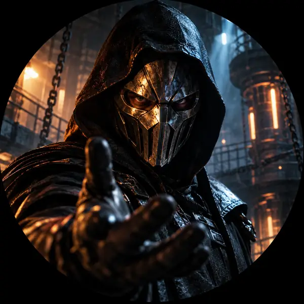 A masked comic-book villain in a dark industrial room, dramatic close circular portrait.