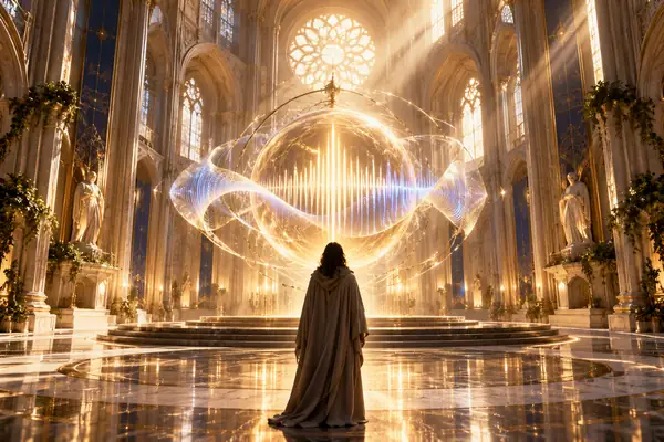 A vast sunlit cathedral interior with tall arches, centered circular composition.