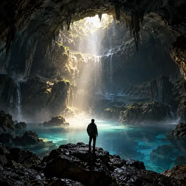 A vast underground cave with a tiny pool of light, cinematic circular landscape.