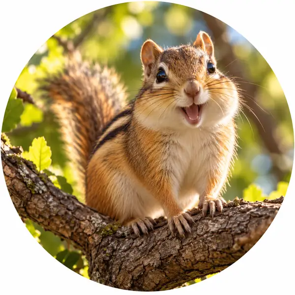 A cheerful chipmunk perched on a branch in warm daylight, close circular wildlife portrait.