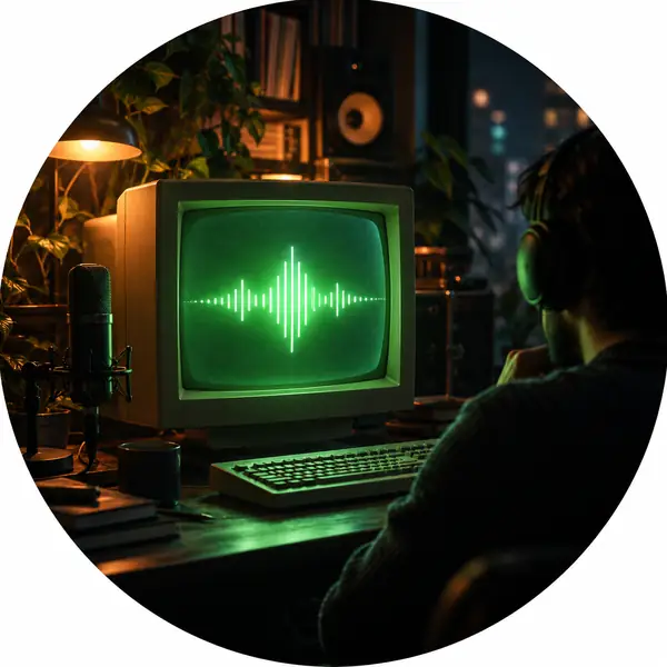 A vintage computer monitor with a glowing green screen on a dark desk, circular product portrait.