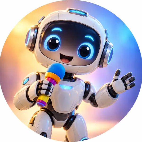 A tiny cheerful robot holding a colorful toy, bright studio circular portrait.