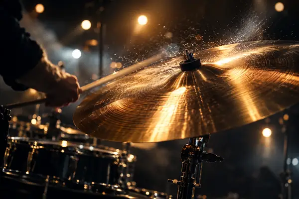 A bronze drum cymbal on a dark stage, bright circular highlights and motion.