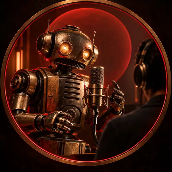 A retro science fiction robot prop in a dark studio, red and bronze circular portrait.