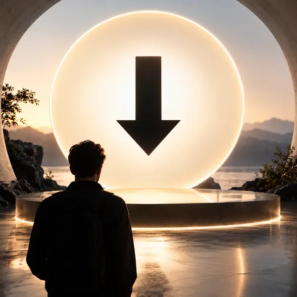 A simple black downward arrow on a pale background, clean graphic circular composition.