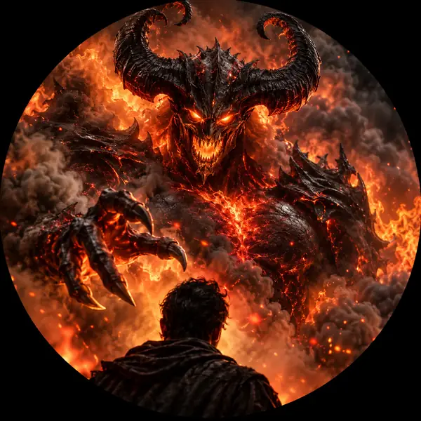A fiery horned demon emerging from smoke and embers, dramatic circular portrait.
