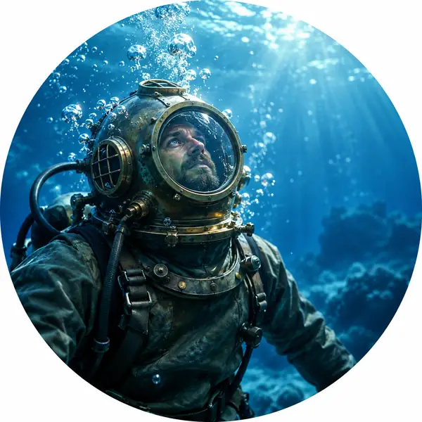 A deep sea diver floating in blue water with bubbles and soft light, circular portrait.