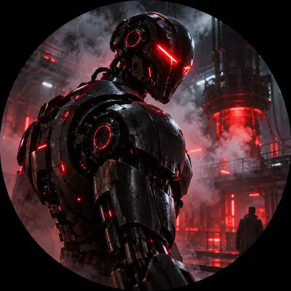 A threatening black robot with red lights in a smoky industrial room, circular portrait.