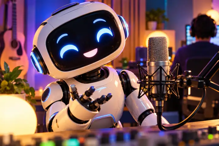 A friendly small robot in a colorful studio, close framed with a playful expression.