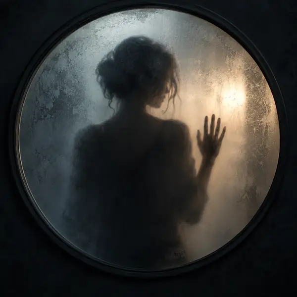 A translucent figure behind frosted glass in a shadowy room, eerie circular portrait.