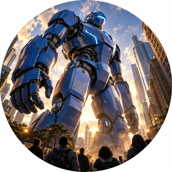 A giant blue robot standing above a city street, cinematic low-angle circular portrait.