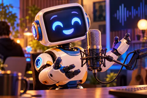 A colorful toy-like robot with a square screen face, playful studio portrait.