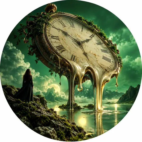 A melting antique clock against a green background, surreal circular artwork.