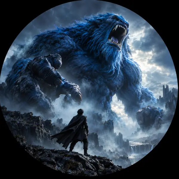 A huge blue monster roaring in a moody dark landscape, circular portrait framing.