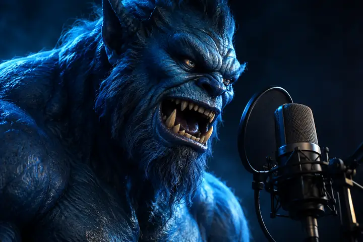 A dramatic blue monster portrait in a dark studio, framed closely with an ominous mood.