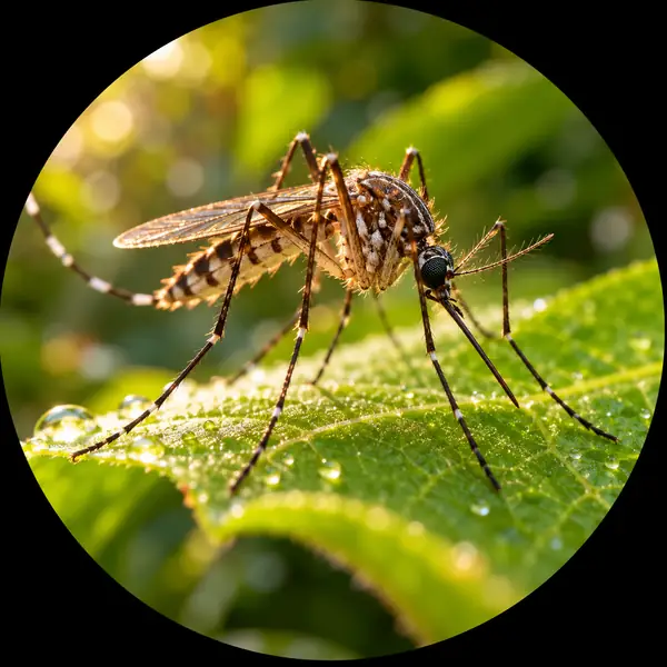 A detailed mosquito resting on a bright green leaf, macro circular wildlife portrait.