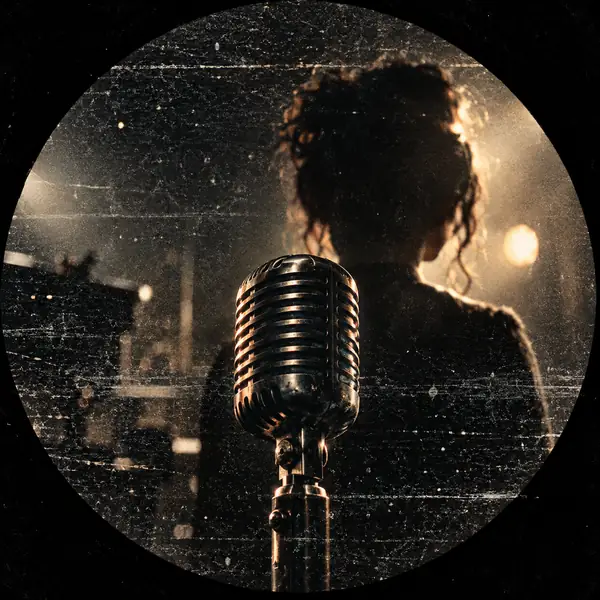 A vintage microphone surrounded by visible film grain and static, dark circular portrait.