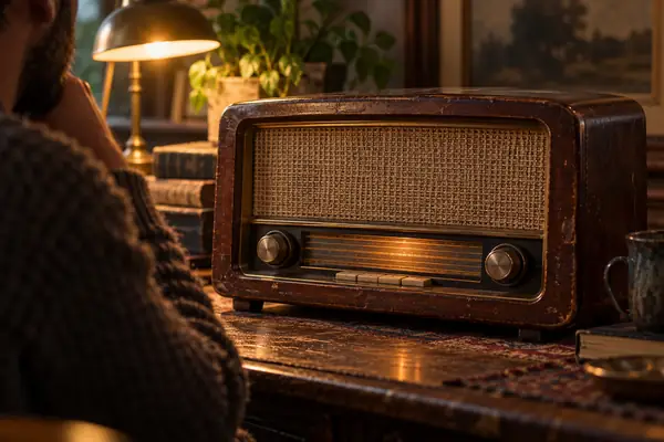 A worn brown tabletop radio from the mid twentieth century, softly lit close-up.