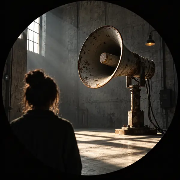 An old public address speaker in a stark industrial room, high contrast circular framing.