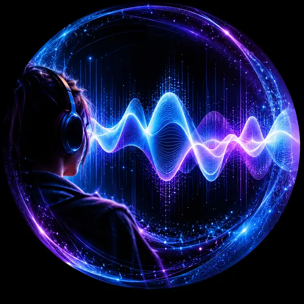A blue and violet electronic waveform glowing across a black background, circular abstract artwork.