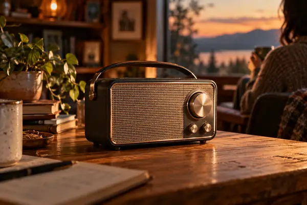 A compact portable radio on a wooden table, warm nostalgic lighting.