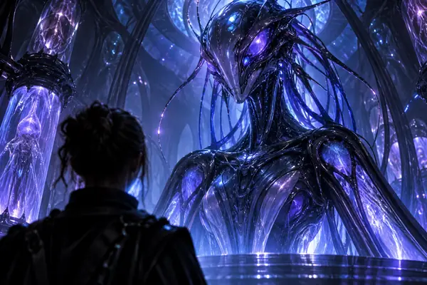 A biomechanical alien figure with insect-like details, blue and violet lighting.