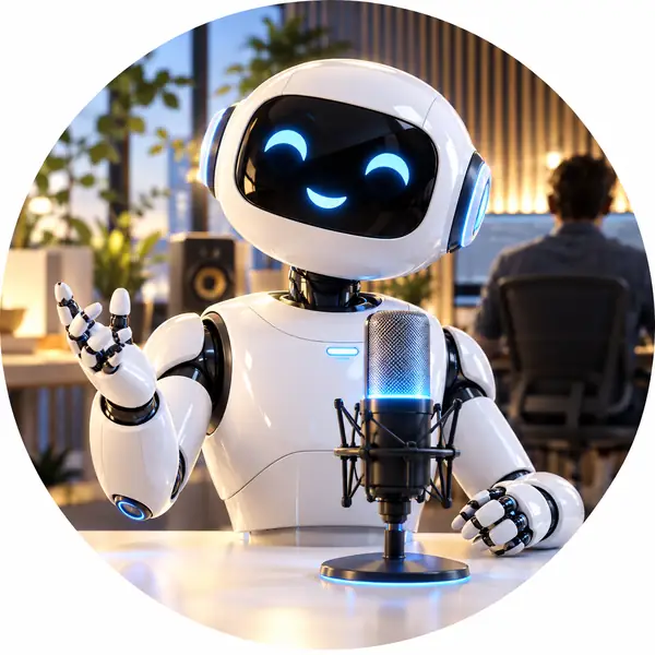 A polished white service robot in a bright studio, centered circular portrait.