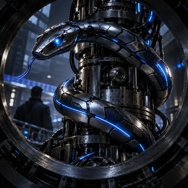 A robotic snake coiled around metal machinery, blue highlights and dark circular framing.