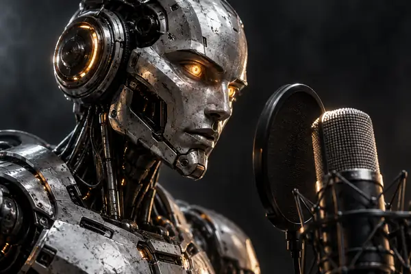 A rugged silver robot with glowing eyes against a charcoal background, close-up.