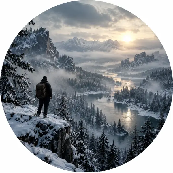 A snowy eastern European forest beneath a pale sky, moody circular landscape.