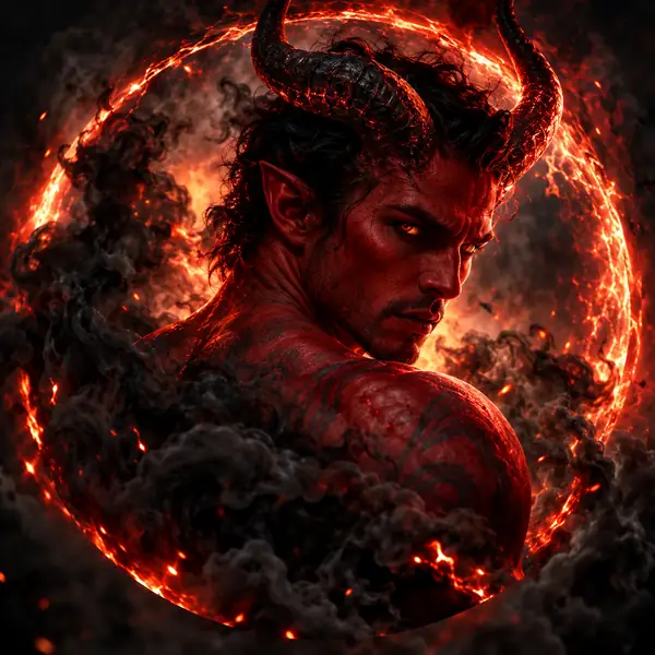 A red horned figure surrounded by black smoke and ember light, dramatic circular portrait.
