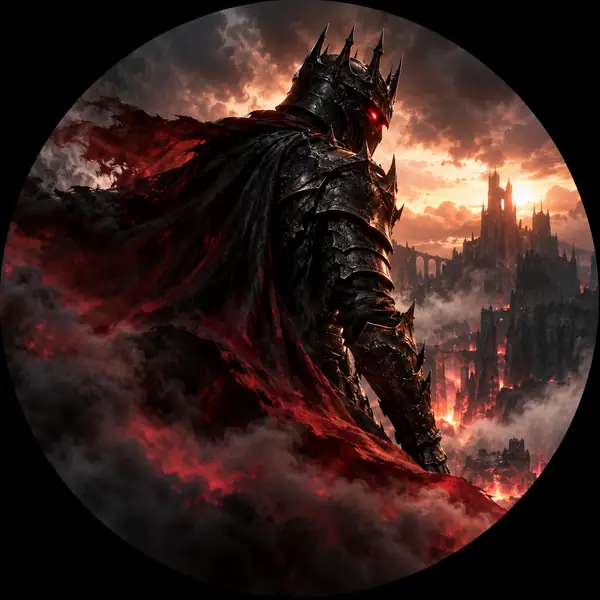 A dark armored figure with a glowing red eye in smoke, epic fantasy circular portrait.