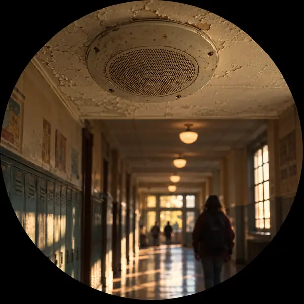 An old ceiling speaker in a worn school hallway, muted vintage circular photo.