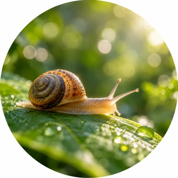 A small snail crossing a leaf with soft green bokeh in the background, circular macro photo.
