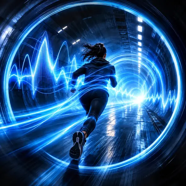 A vivid blue streak of speed through a dark tunnel, energetic circular artwork.