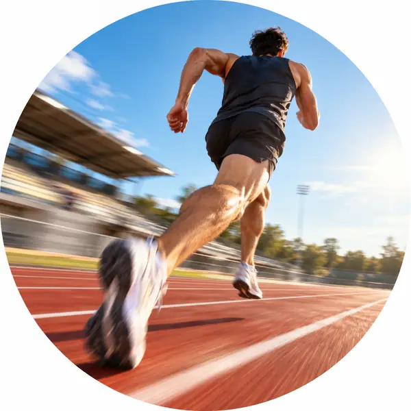 A fast runner crossing a track in bright daylight, motion-blurred circular photo.