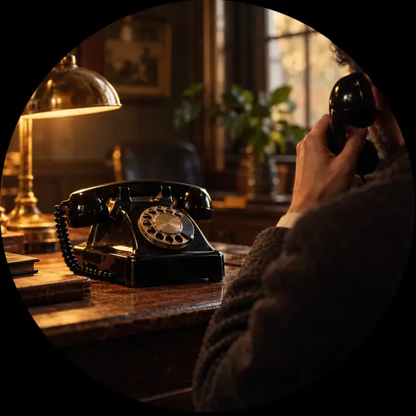 A classic black telephone on a simple desk, vintage close-up circular framing.