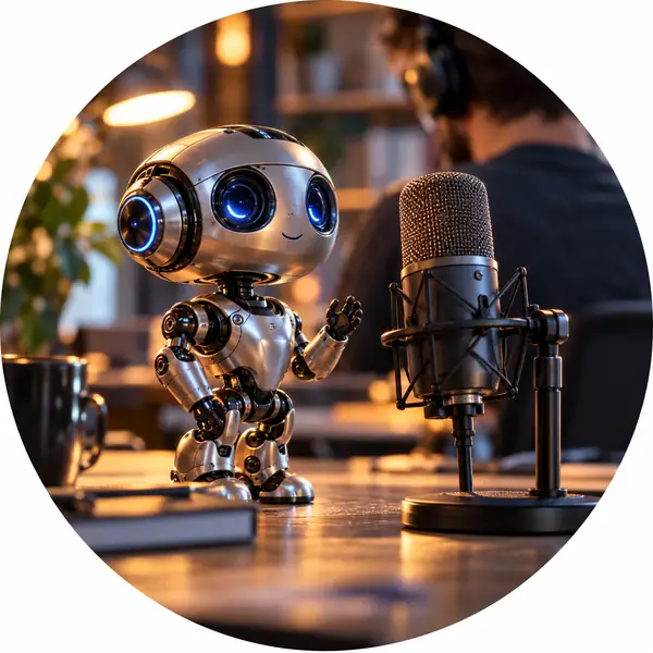 A miniature silver robot on a tabletop with shallow depth of field, circular portrait.