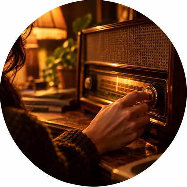 A hand tuning a vintage radio dial under warm amber light, close circular photograph.