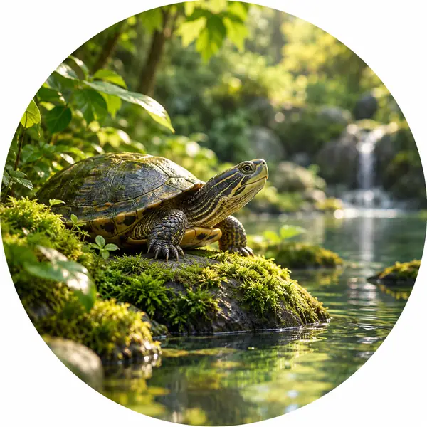 A turtle resting beside calm water and moss, natural green circular portrait.