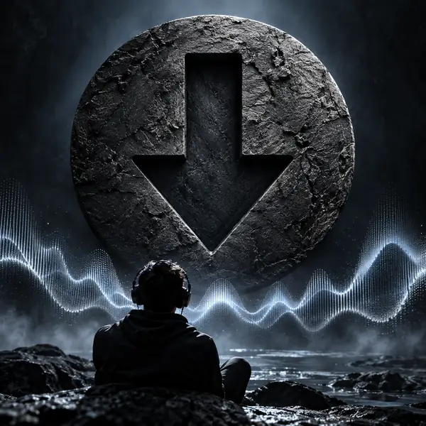A dark downward arrow carved into textured charcoal material, graphic circular artwork.