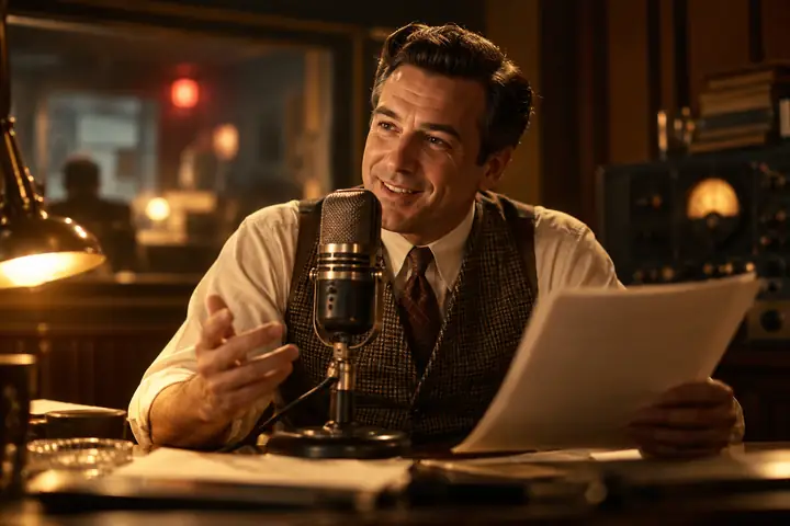 A vintage radio announcer at an old microphone, warm studio lighting and nostalgic atmosphere.